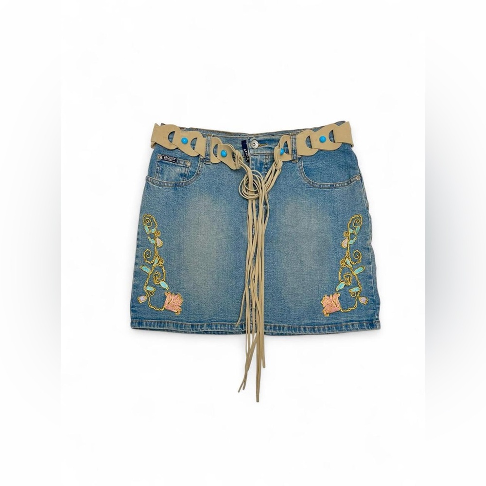 Revolt Jeans Blue Embroidered Denim Mini Skirt with Fringe Belt - Picture 3 of 8